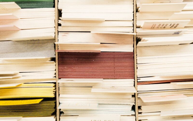 organizar e proteger documentos pessoais — Close-up view of stacked documents in various colors organized in a file system.