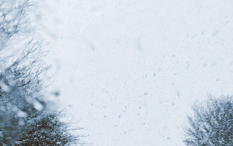 preparo para mudanças climáticas — A scenic winter road with cars driving through a snowstorm, surrounded by frosty trees.