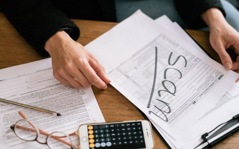 venda parcelada imóvel IR 2026 — Hands of a person examining tax forms labeled as scam with calculator and papers.
