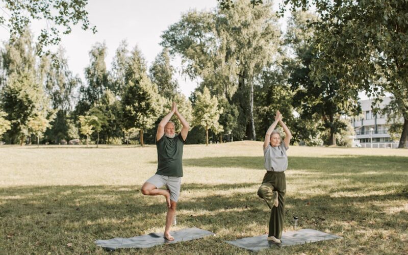 saúde mental terceira idade — Elderly couple performing yoga in a sunny park, enhancing health and mindfulness.