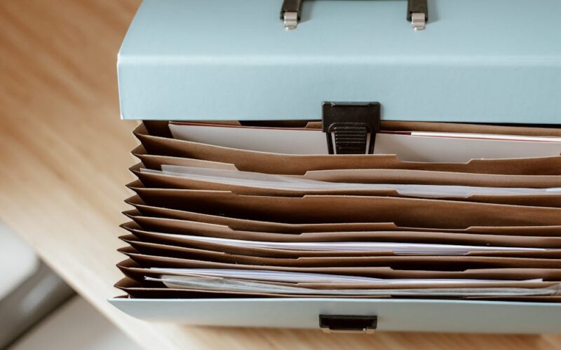 organizar documentos pessoais — From above of briefcase for documents with papers placed on wooden table in daytime
