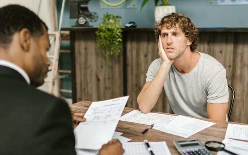 Renegociação de dívidas Desenrola 2.0 — Man in office, appearing stressed during paperwork discussion, sitting opposite professional.