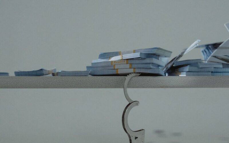 fraudes cidadania italiana — Bundled cash on table with handcuffs symbolizes financial crime.